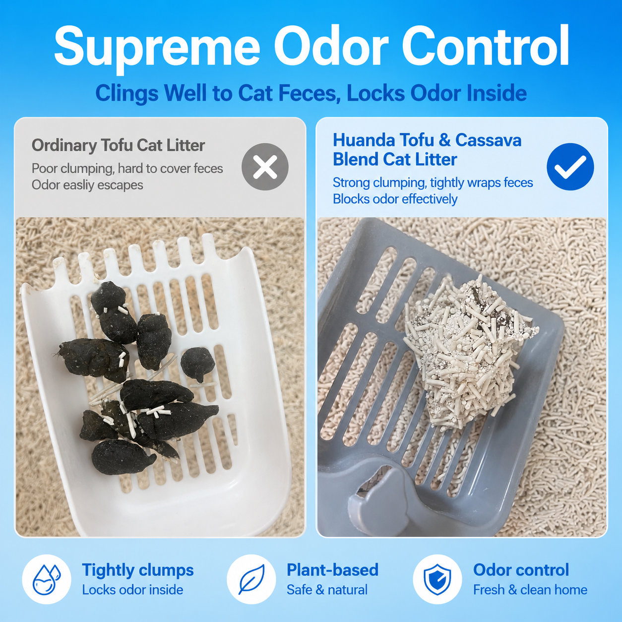 Close view of several tofu cat litter pellet sizes in plain sample trays
