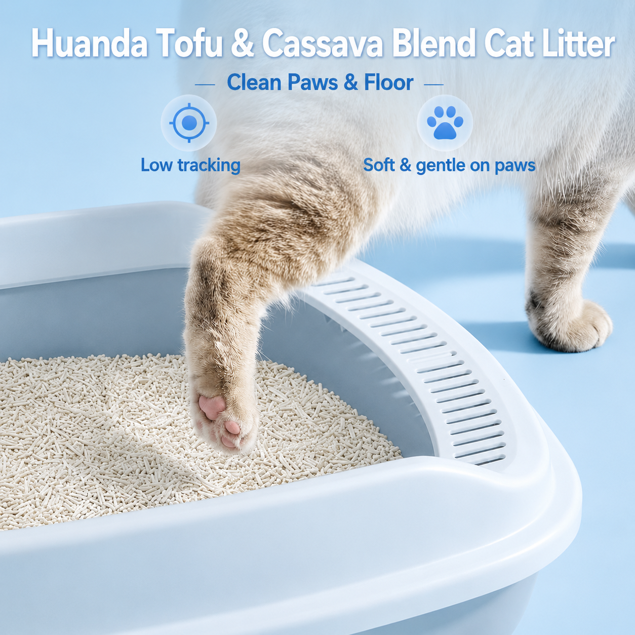Scoop lifting a compact clump from a tofu and cassava mixed cat litter sample