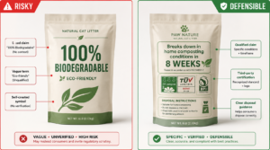 Comparison of risky unqualified and defensible qualified biodegradable cat litter packaging claims