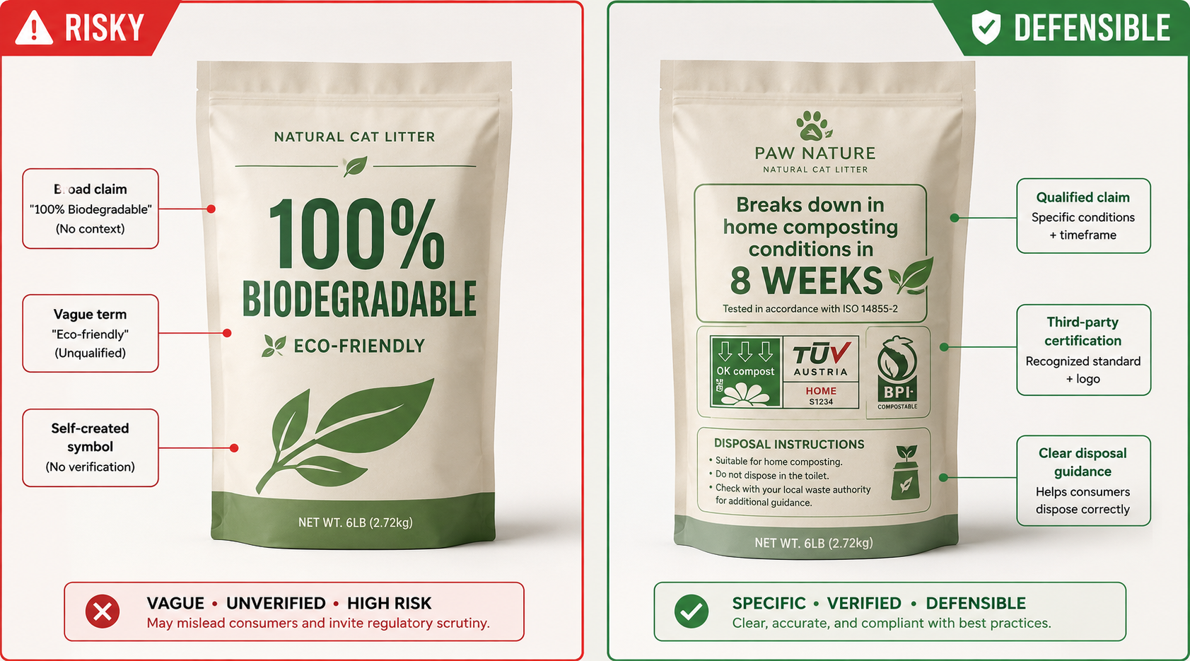 Comparison of risky unqualified and defensible qualified biodegradable cat litter packaging claims