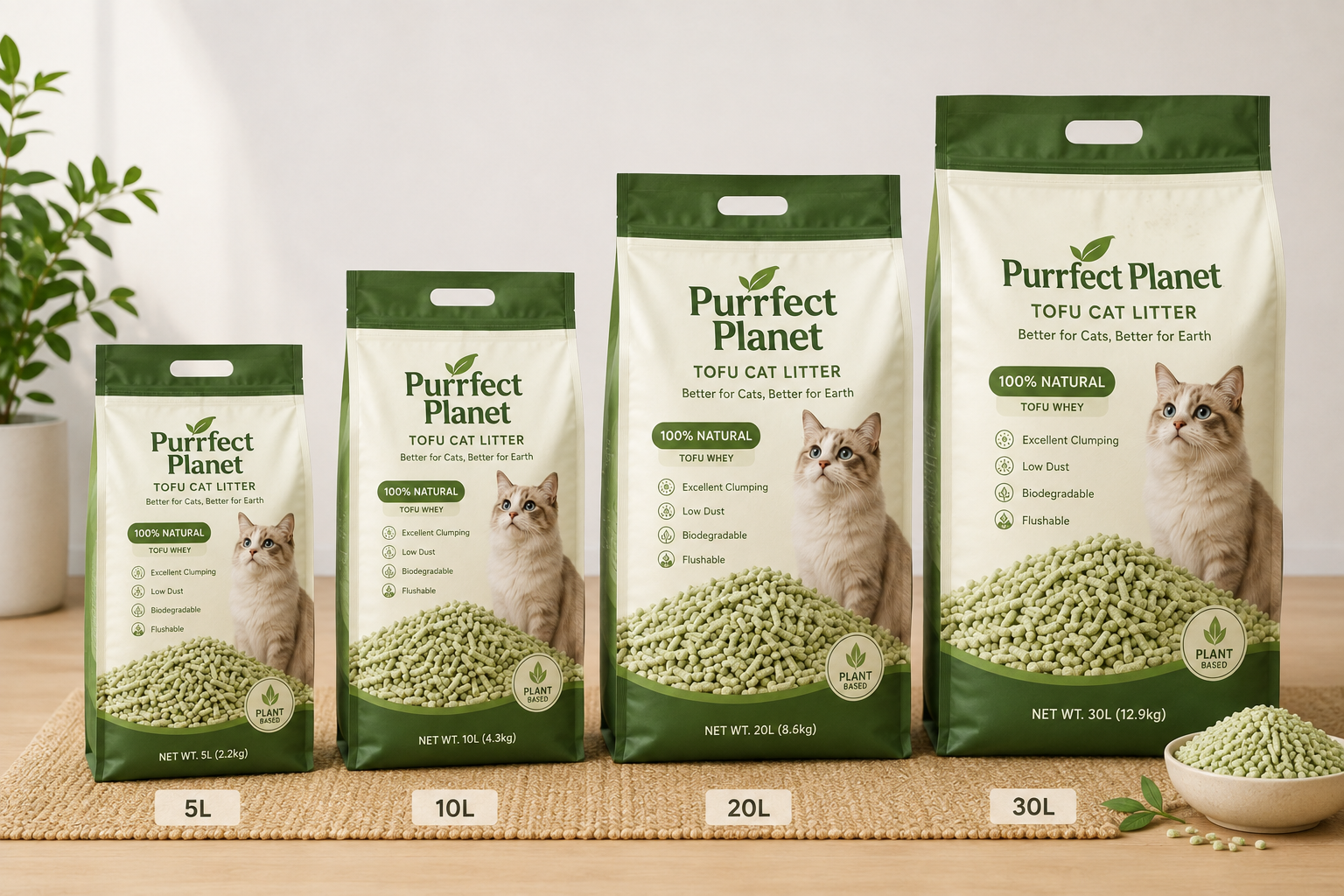 Finished private label cat litter bags in multiple sizes for retail
