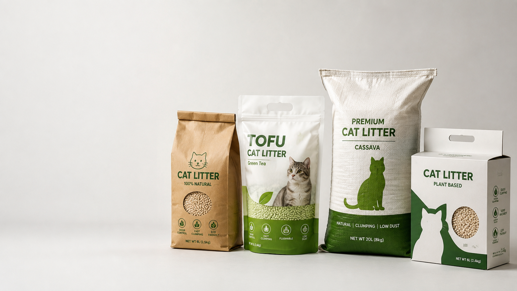 Plain unbranded tofu cat litter packaging samples in several practical retail bag formats