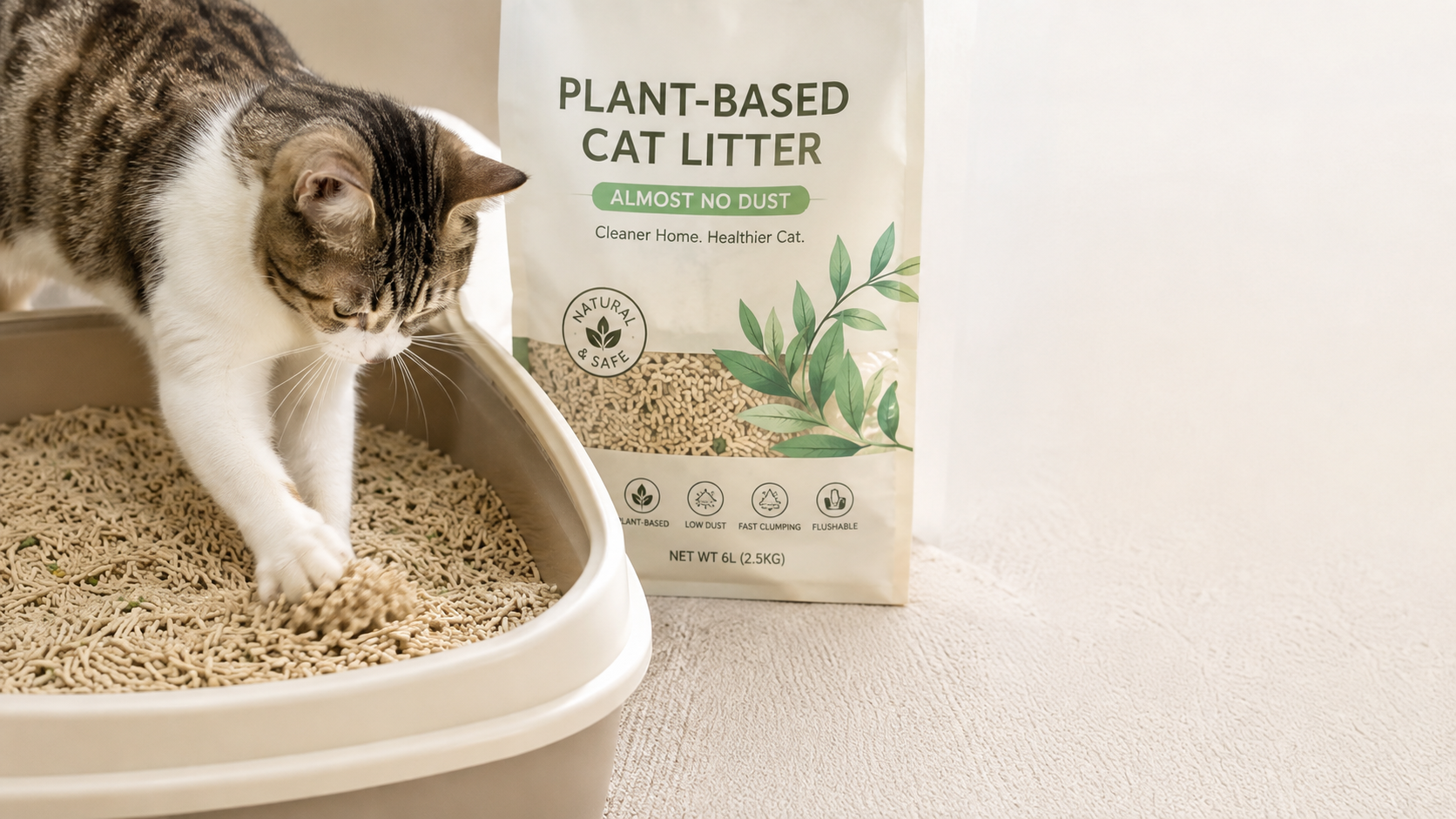 Unbranded filled tofu cat litter bags and carton prepared for a practical shipping durability test