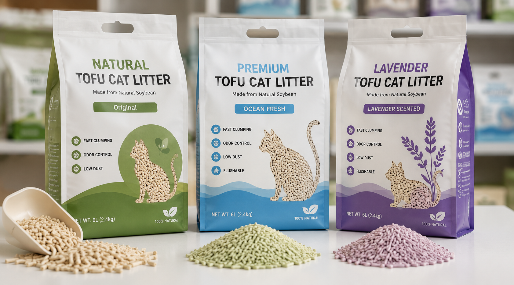 Private label tofu cat litter bags produced for multiple brands by one manufacturer