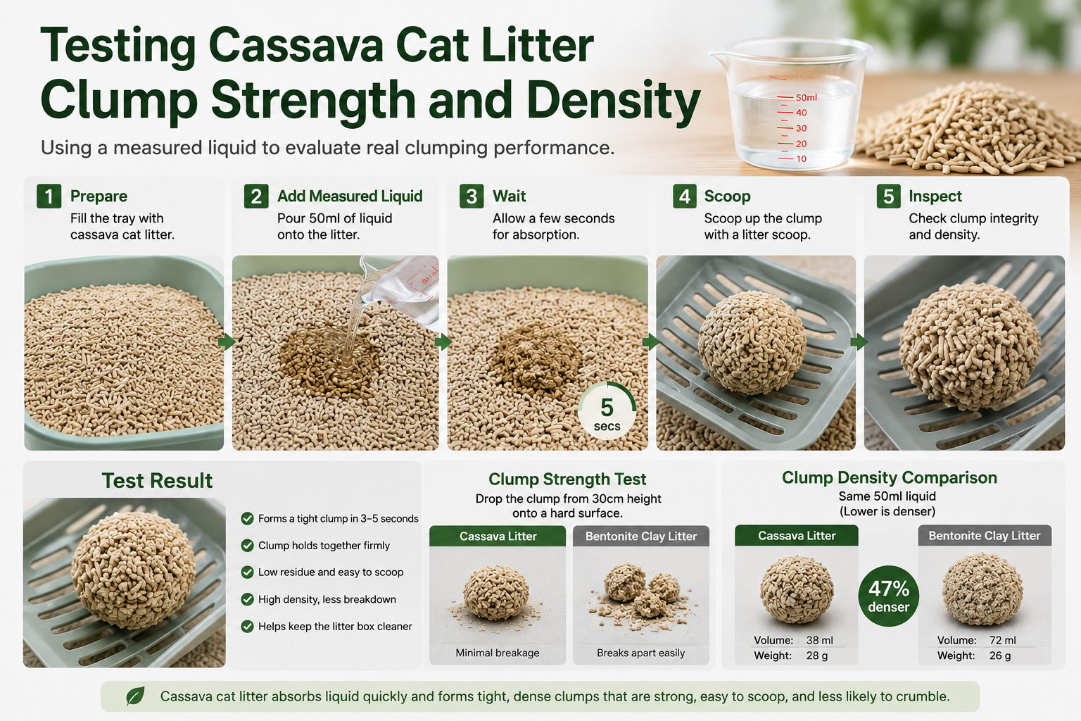 Testing cassava cat litter clump strength and density with a scoop and measured liquid