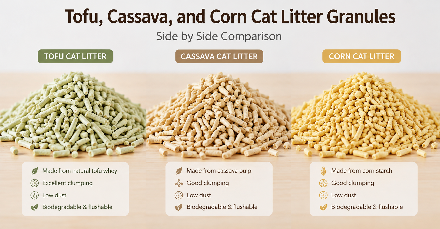 Tofu cassava and corn cat litter granules side by side showing natural color differences
