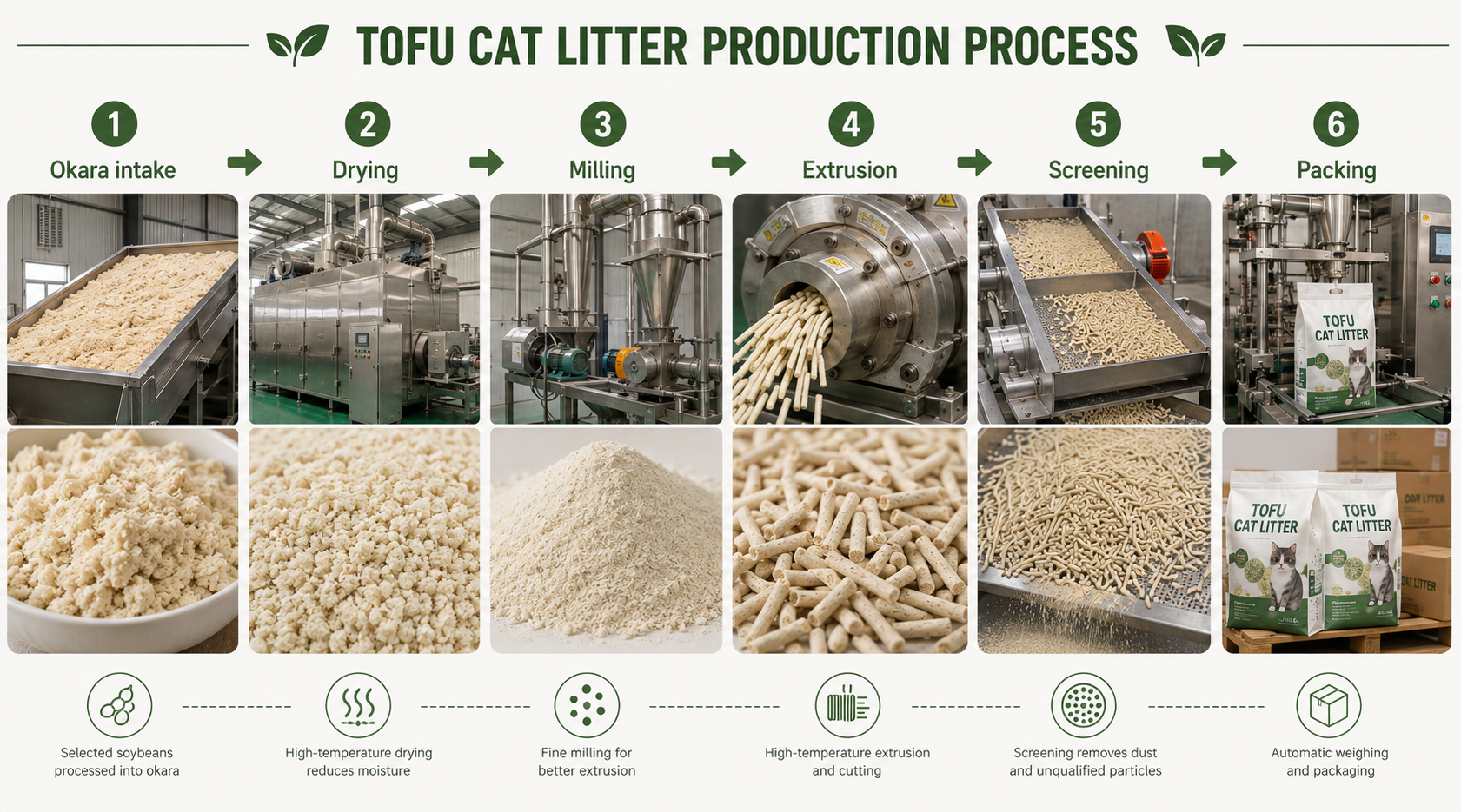 Tofu cat litter manufacturing process from okara raw material through extrusion to packing