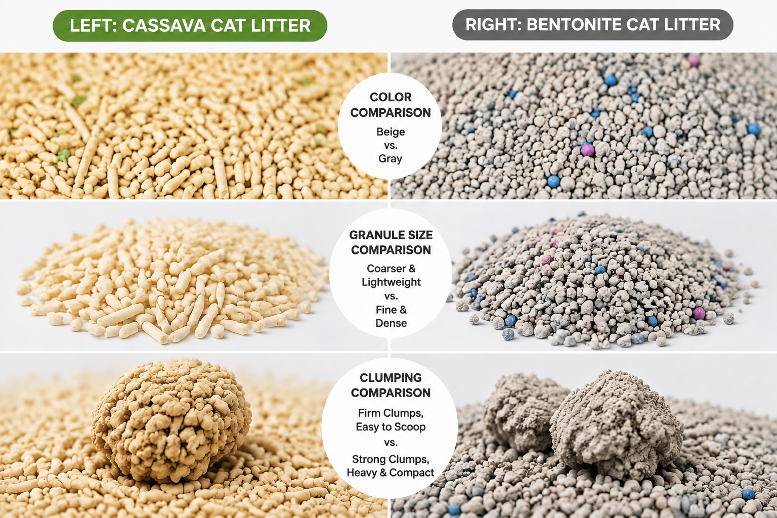 Comparison of tofu, cassava, corn, wheat straw, and walnut shell cat litter materials