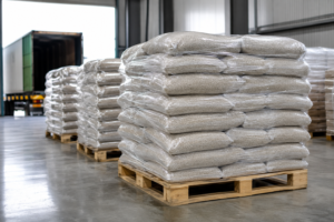 Bulk cat litter bags stacked on pallets for a wholesale MOQ order