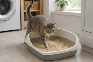Cat using plant based cat litter in a clean litter box