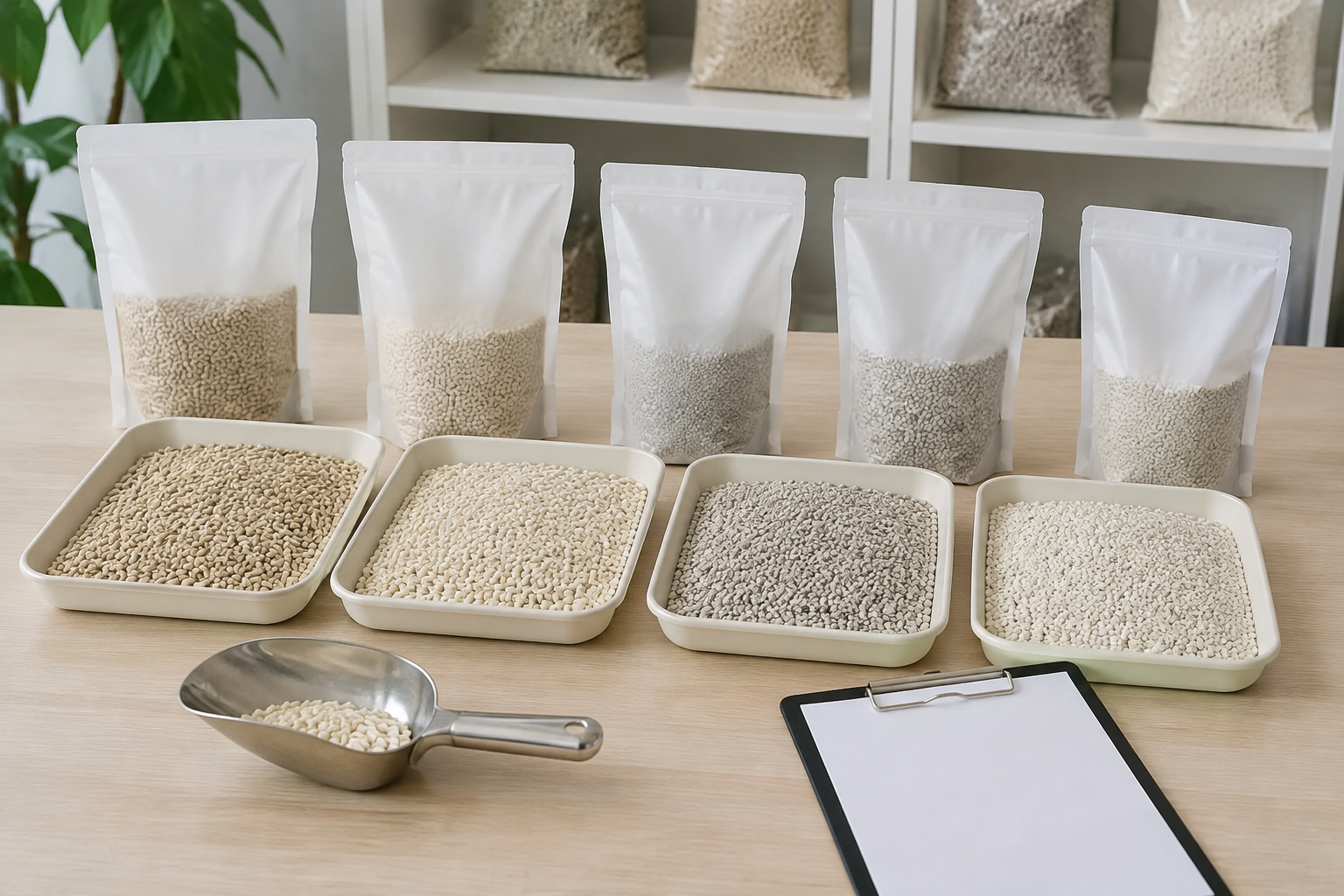 Plain cat litter sample bags and test trays for MOQ planning