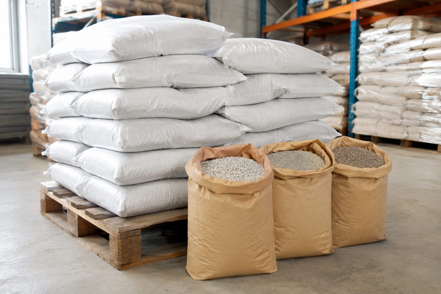 Wholesale cat litter bags stacked on a warehouse pallet