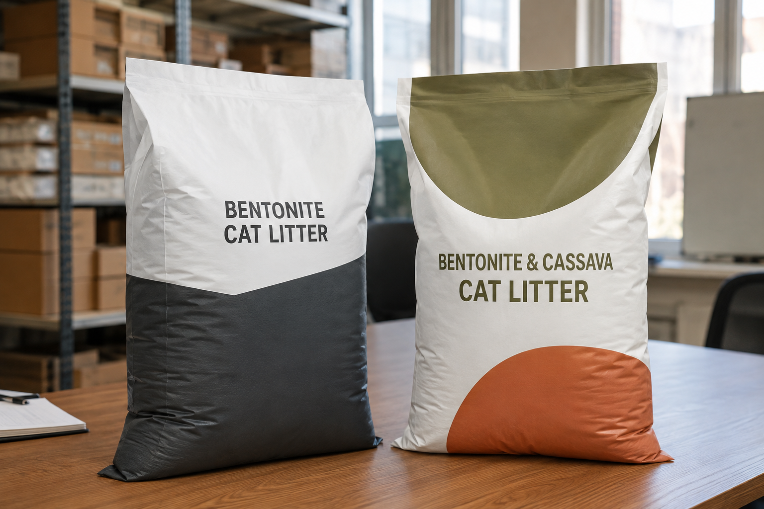Unbranded bentonite and mixed cat litter bags arranged for a wholesale product comparison