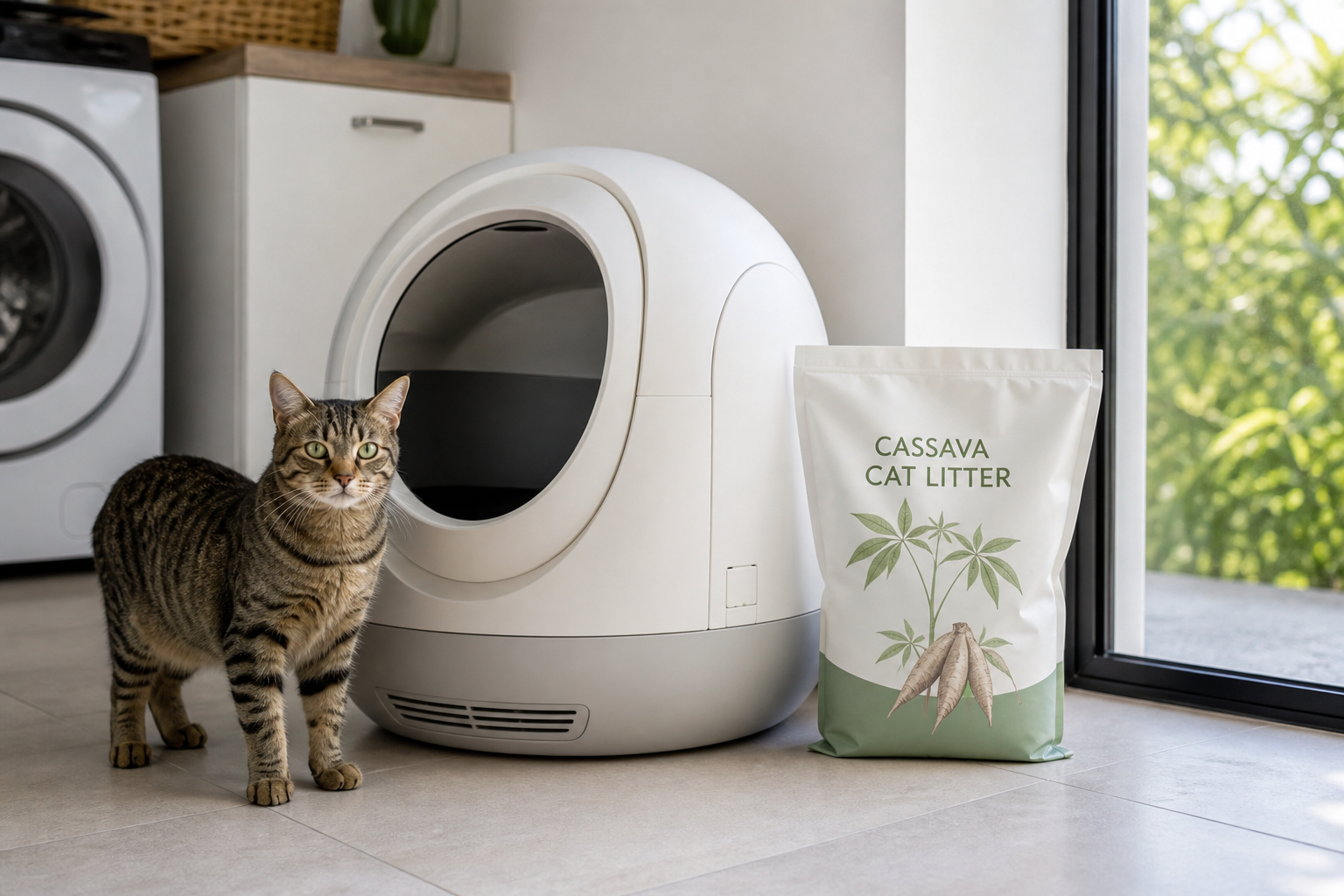 Unbranded cassava cat litter pouch beside an automatic litter box with a tabby cat standing on the floor