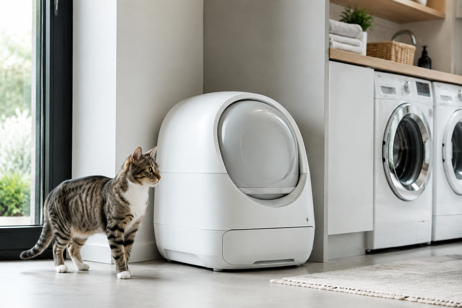 Cat beside an automatic litter box in a clean modern home