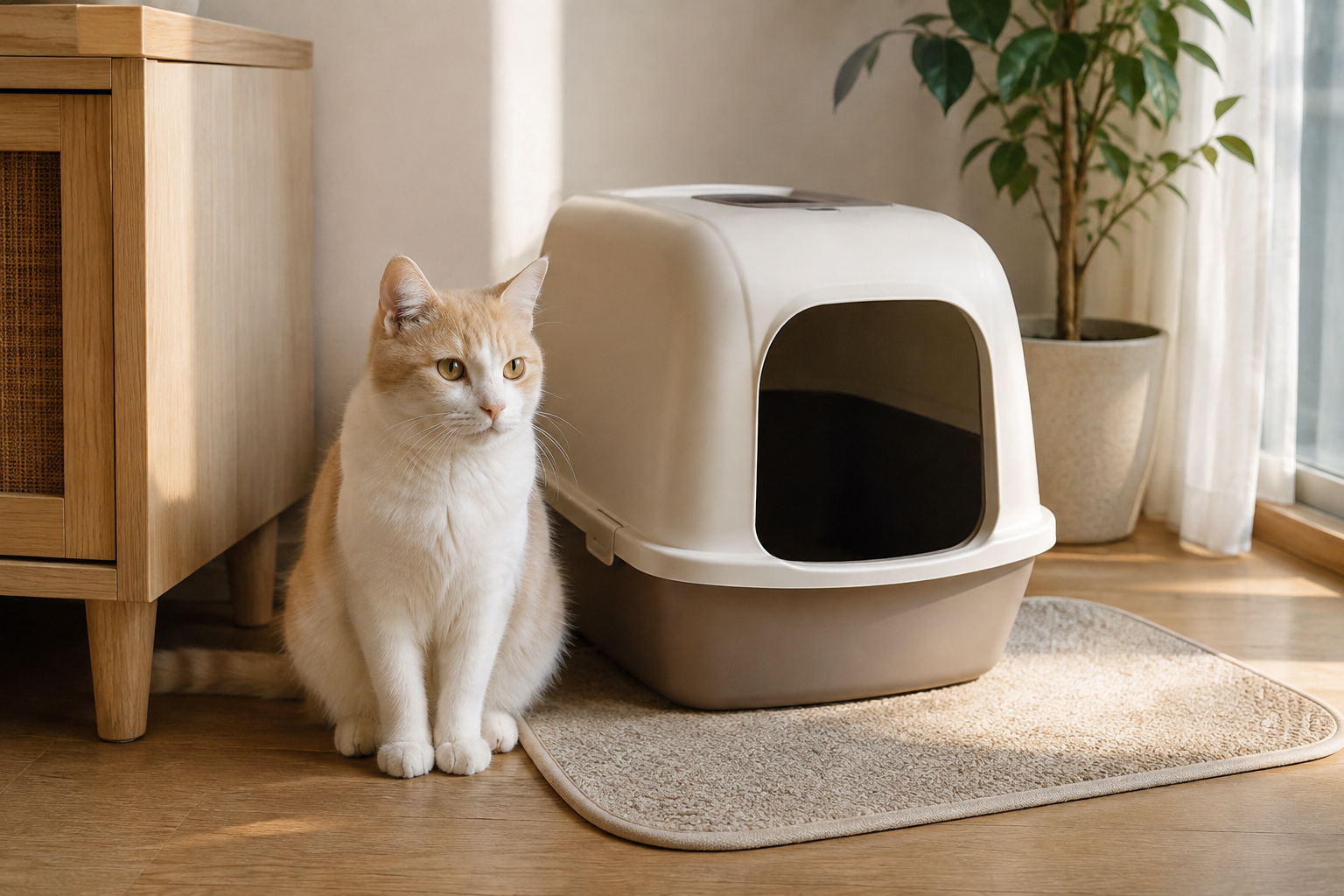 Cat beside a clean litter box in a bright sunlit room with clear air