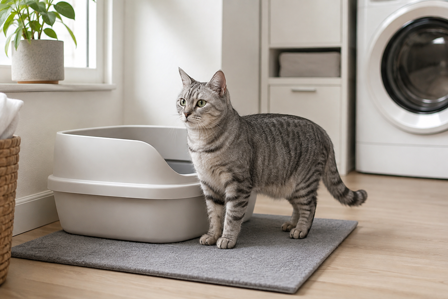 Cat beside a modern litter box in a bright clean home