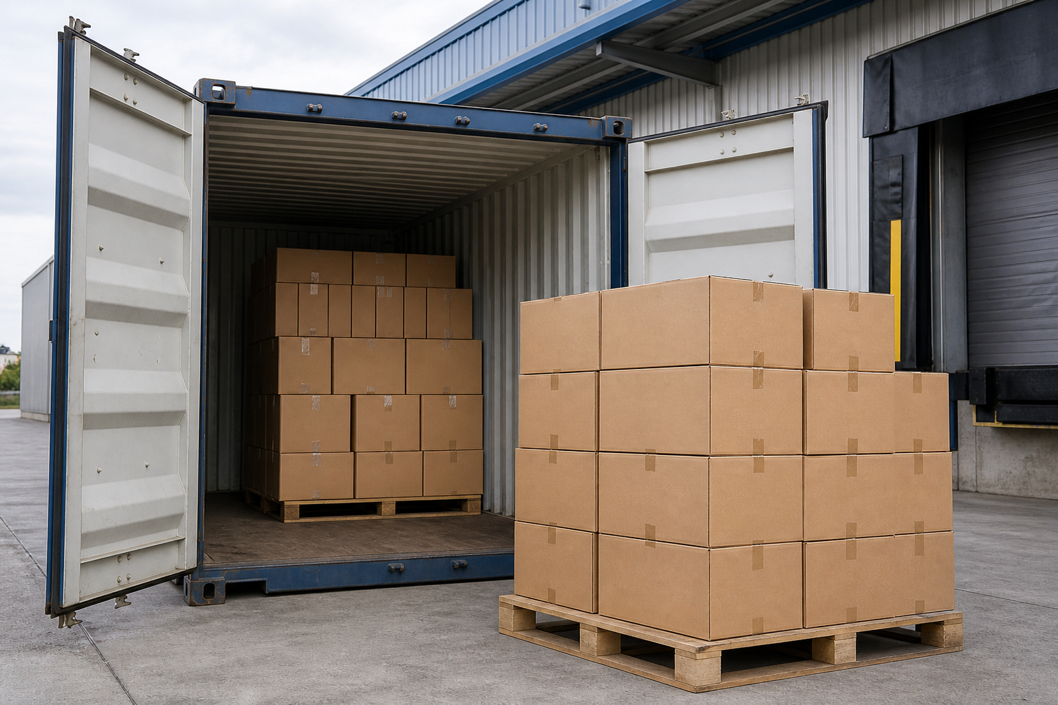 Sealed cartons staged beside an open shipping container at a clean loading area