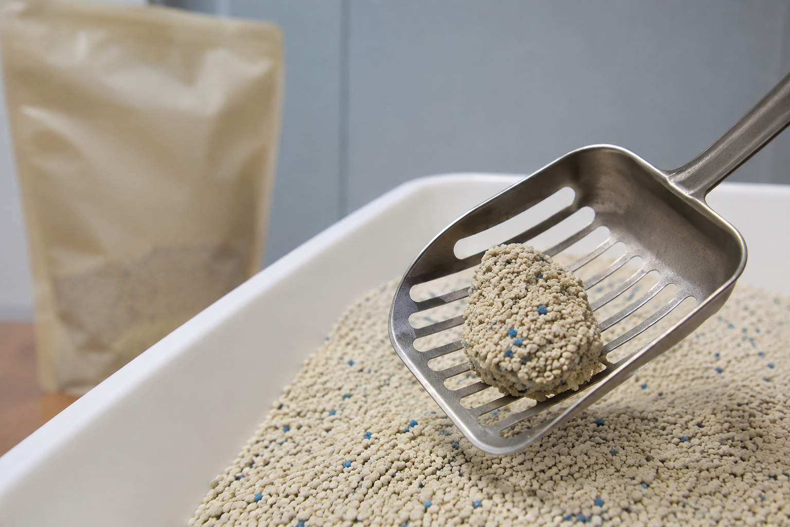 Metal scoop lifting a firm cat litter clump during sample testing
