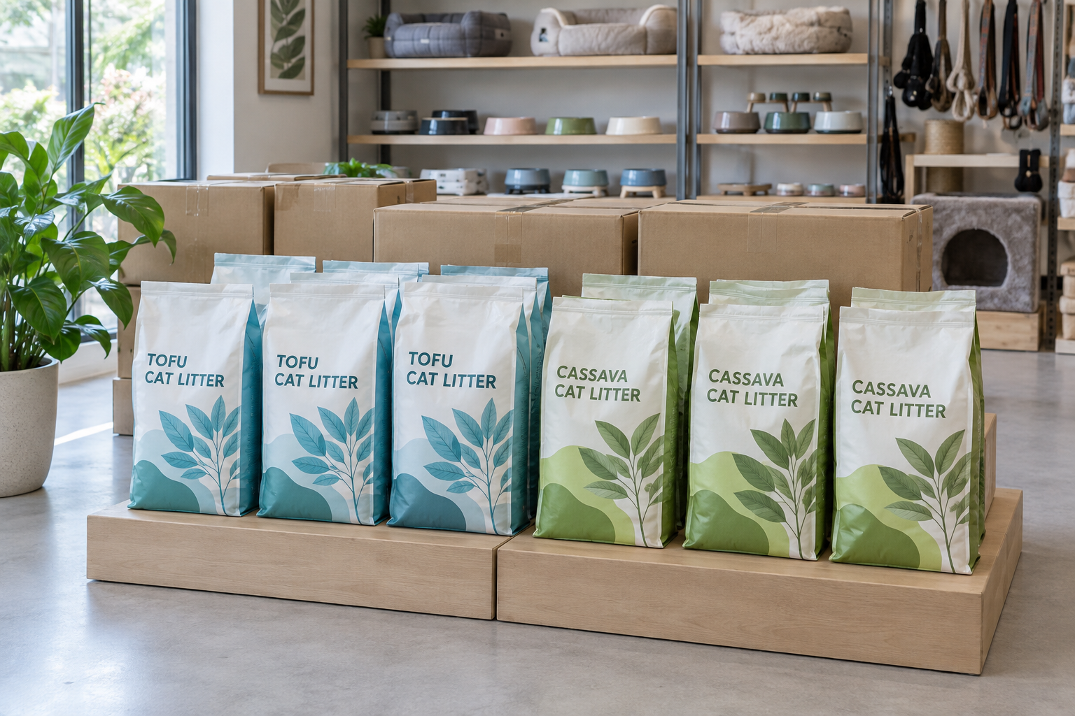 Unbranded litter bags and sealed cartons in a small pet-products wholesale showroom