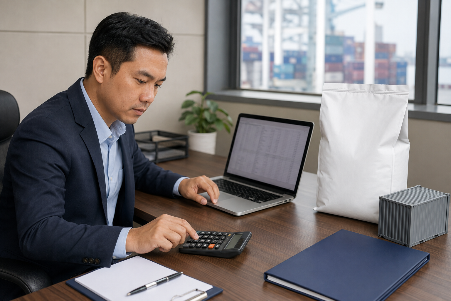 Cat litter importer calculating landed cost beside a sealed plain retail bag