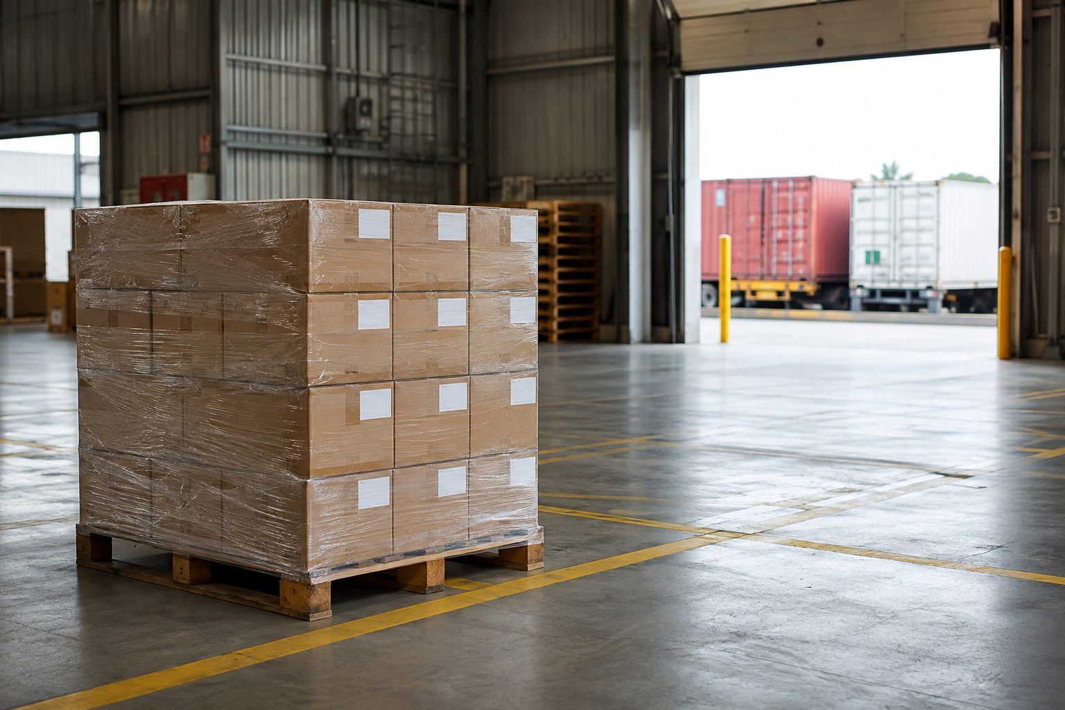 A wrapped pallet of sealed cartons in a freight warehouse with shipping containers beyond the loading doors