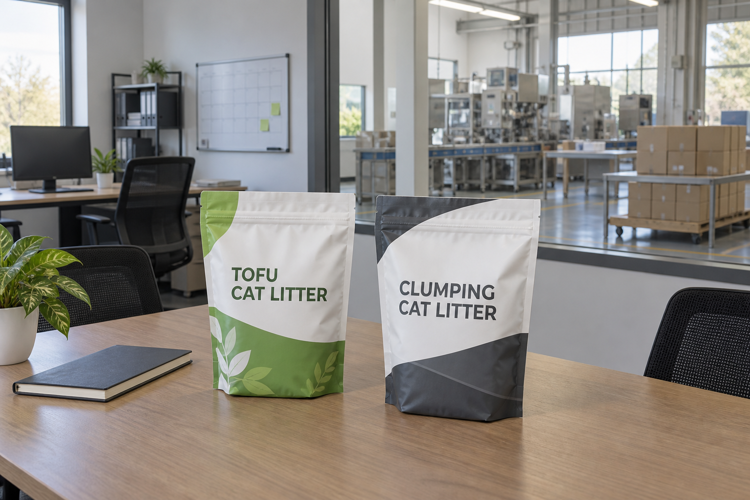 Unbranded cat litter packaging samples in a generic production planning office