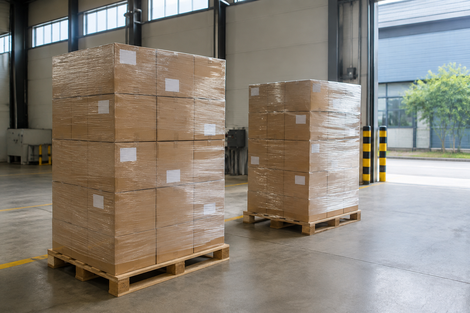 Orderly palletized cartons in a warehouse receiving area with clear access space