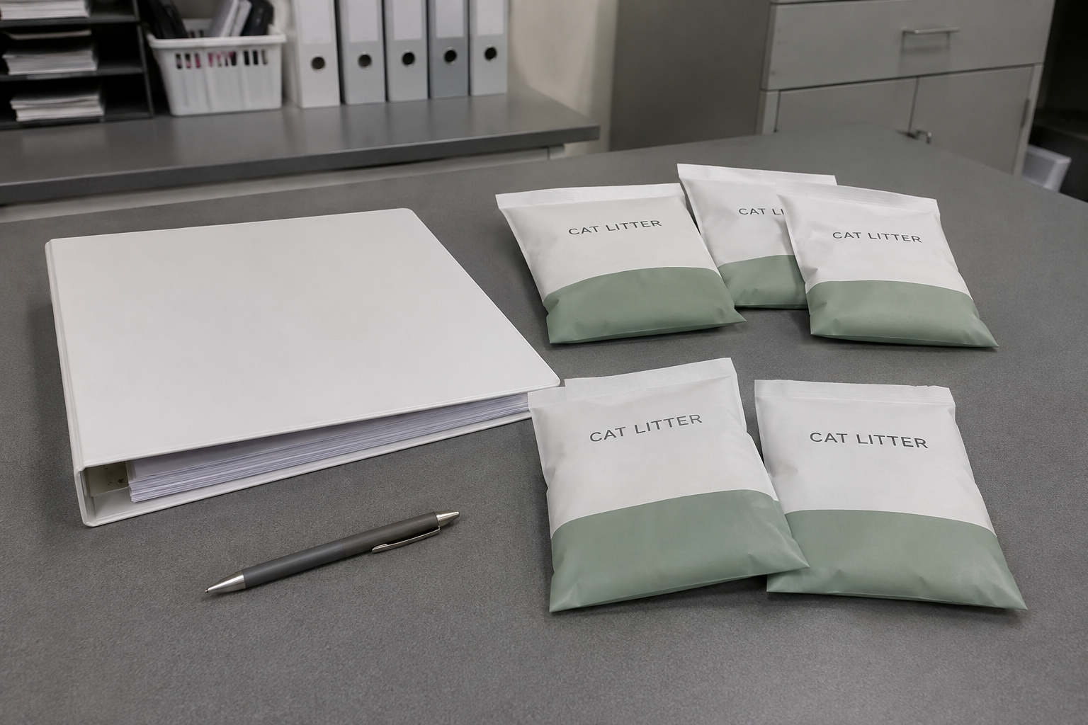 Sealed sample pouches arranged with a closed quality-control binder on a clean inspection desk