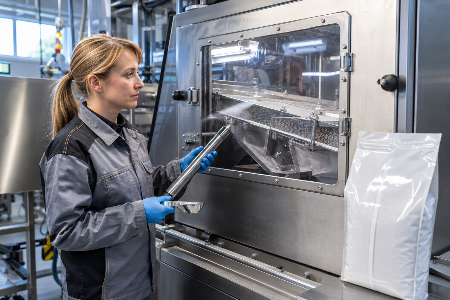 Quality technician checking dust-control equipment on a cat litter production line
