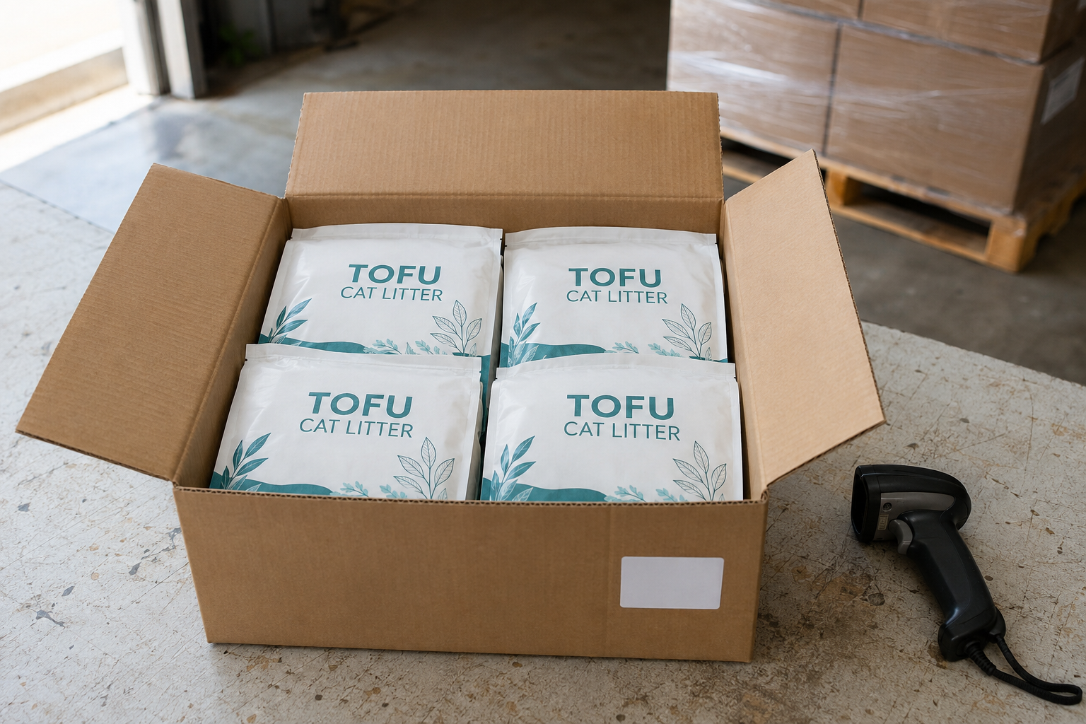 Sealed unbranded tofu litter bags in an open shipping case beside a handheld warehouse scanner