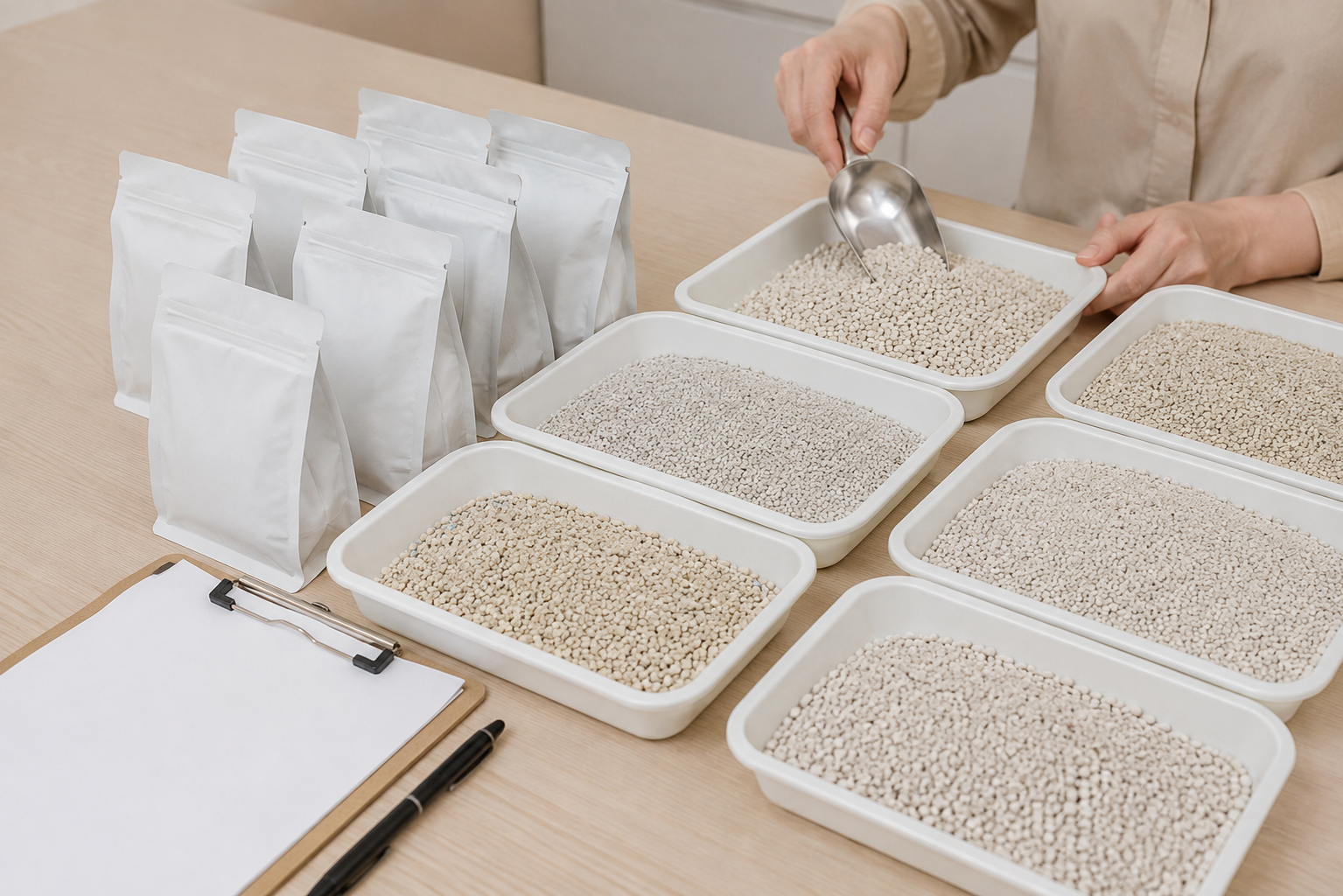 Cat litter sample trays prepared for wholesale sample order testing