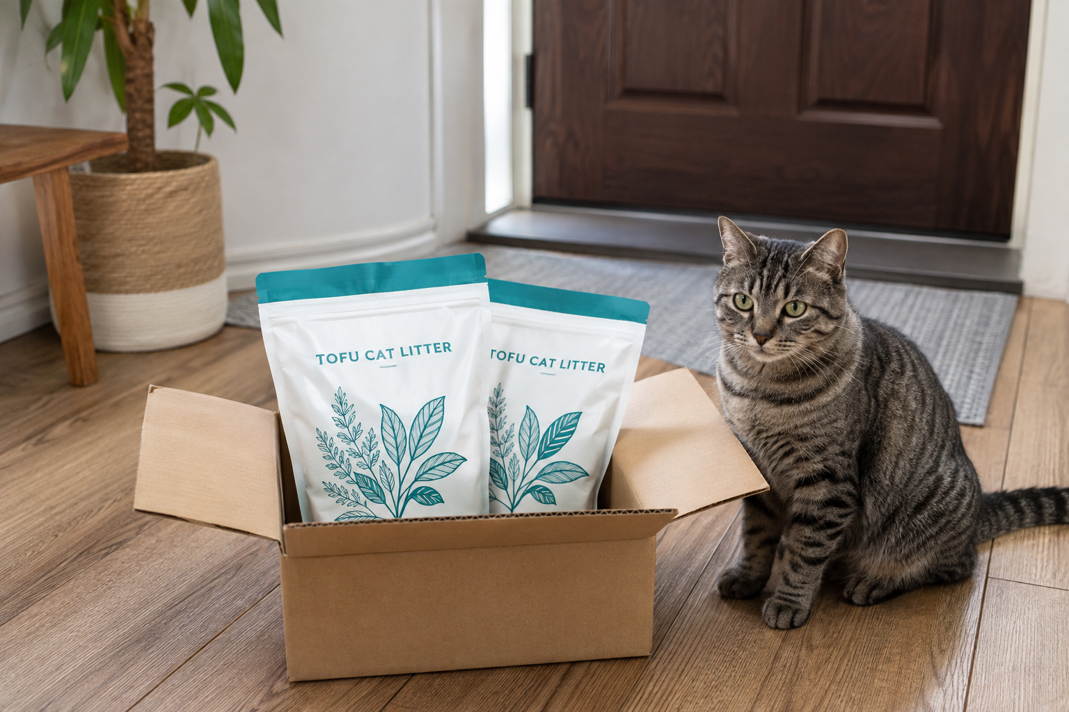 Open shipping carton with two sealed tofu litter pouches near a cat sitting on the floor