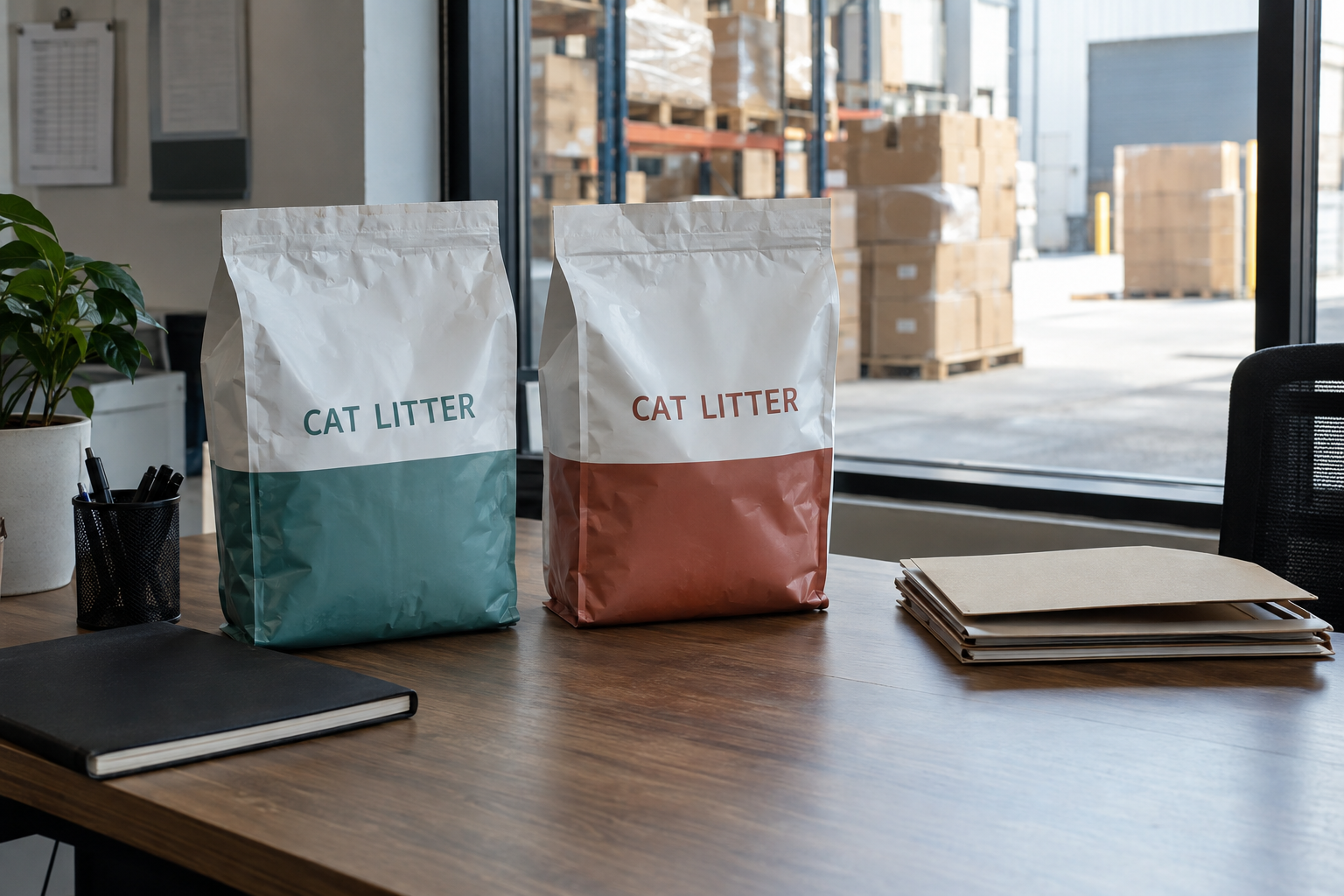 Two unbranded cat litter sample bags and planning folders in a warehouse office