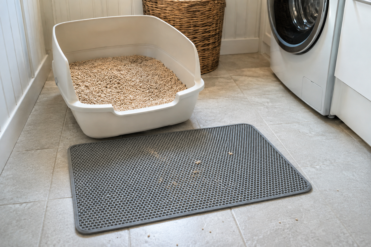 Realistic tofu cat litter tracking test with a clean mat outside an open litter box