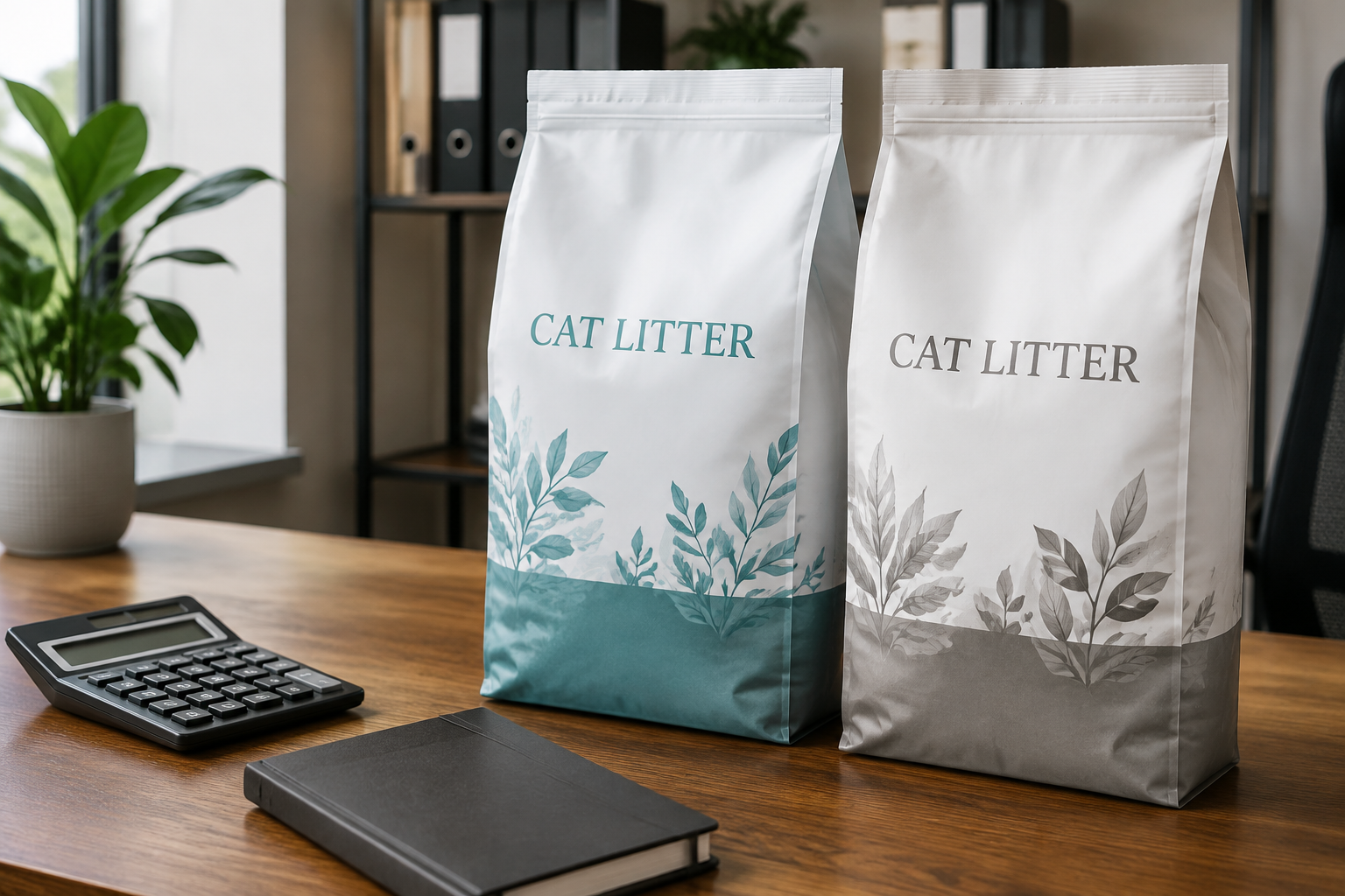 Unbranded cat litter bags with a calculator and closed notebook on a buyer's desk