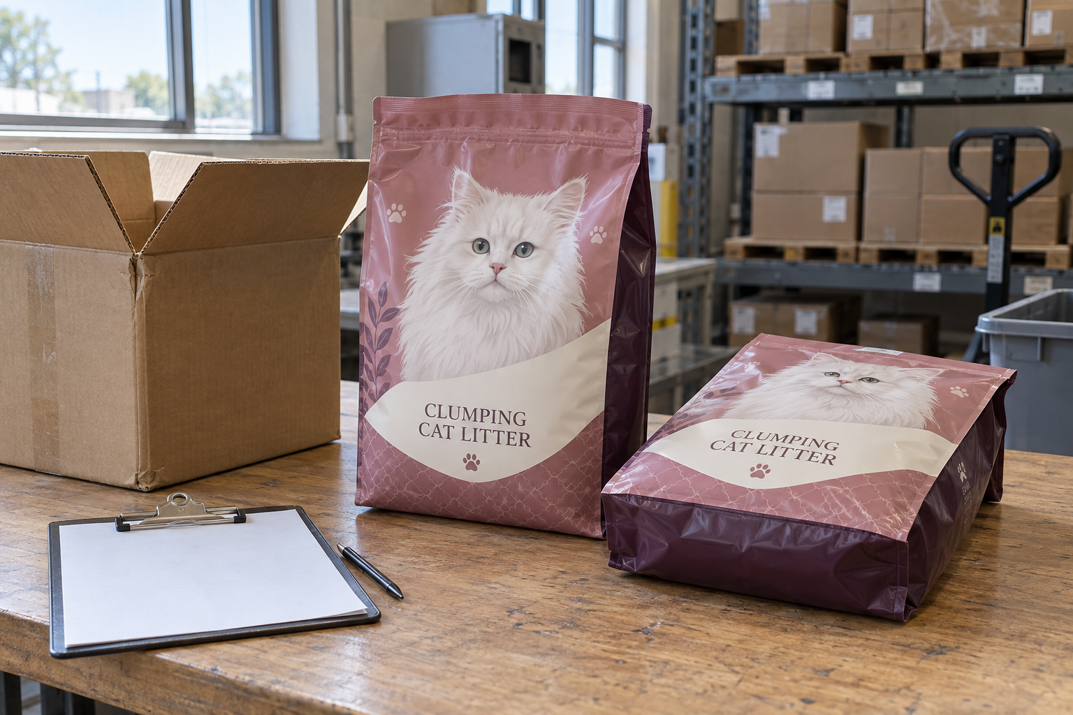 Unbranded clumping litter bags with printed white cat portraits beside a receiving inspection clipboard