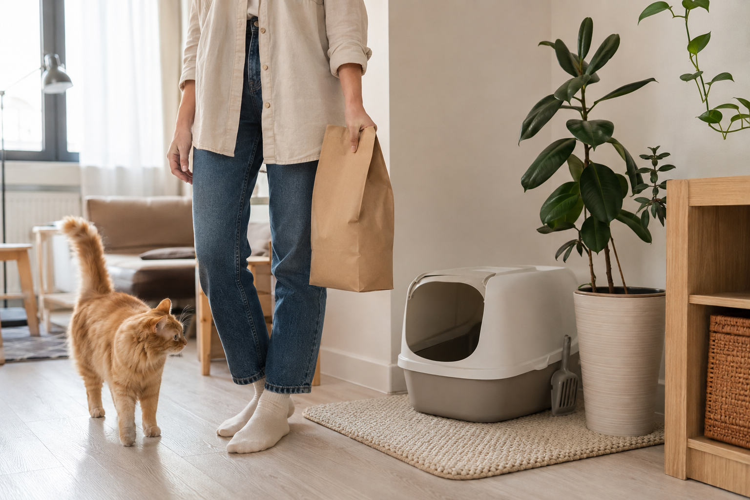 Cat owner carrying an unbranded lightweight litter bag beside a home litter area