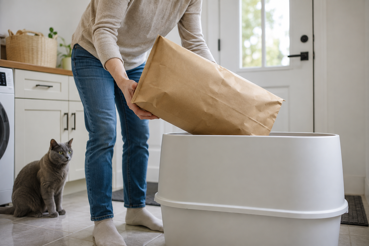 Cat owner pouring litter from a plain bag into a box without a visible dust cloud