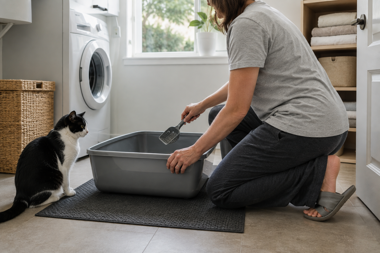 Cat owner scooping a clean litter box while a cat waits nearby