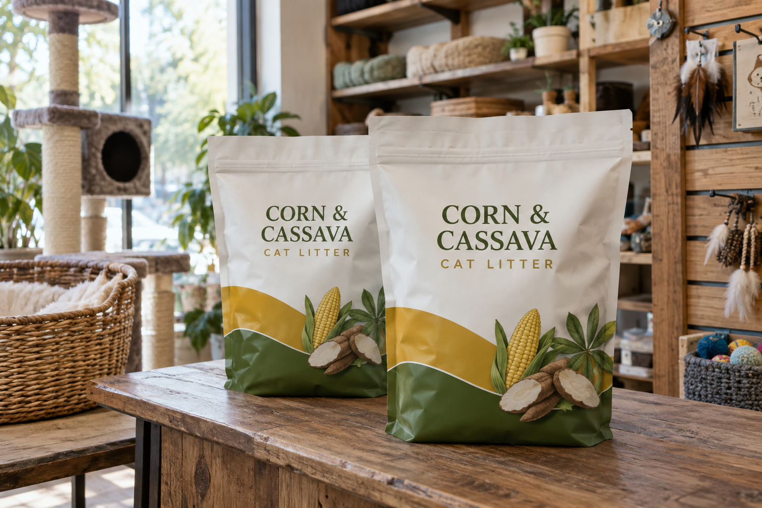 Conceptual corn and cassava cat litter pouches displayed in a pet shop