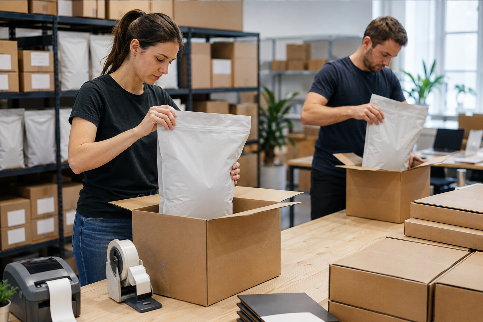 Ecommerce pet brand team packing sealed unbranded cat litter bags for shipment