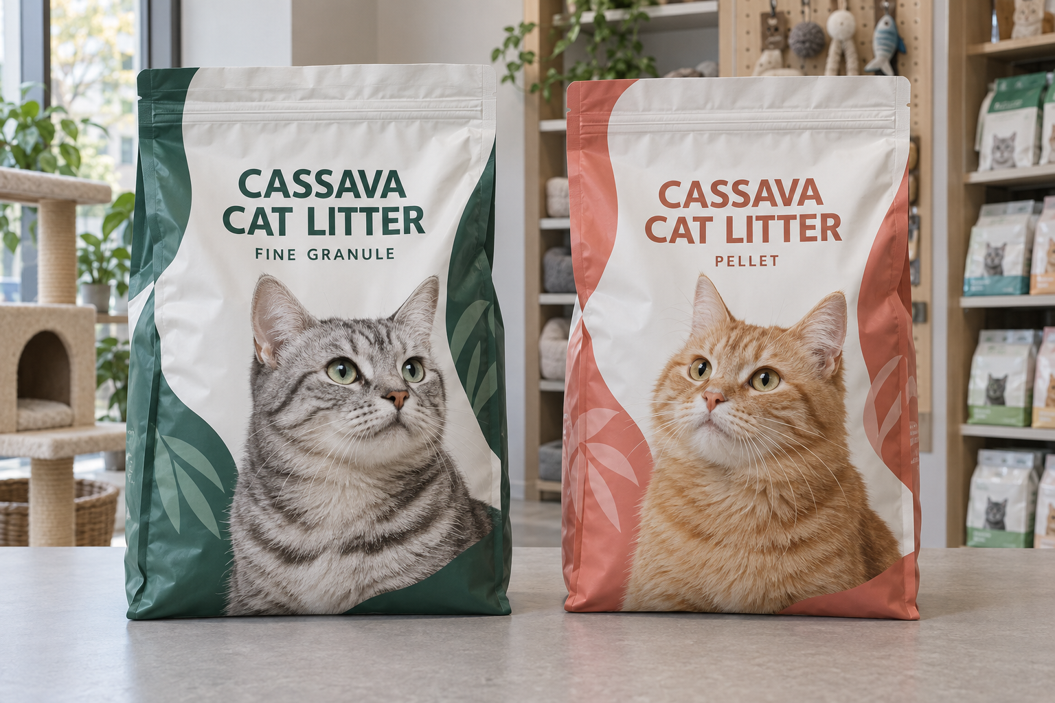 Unbranded cat-illustrated packaging concepts for fine granule and pellet cassava cat litter