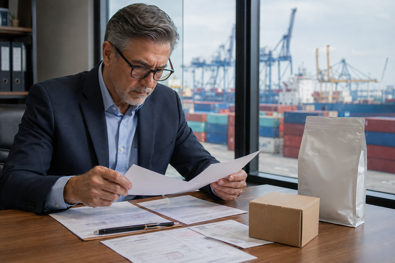 Import buyer reviewing shipping documents beside sealed pet product cargo