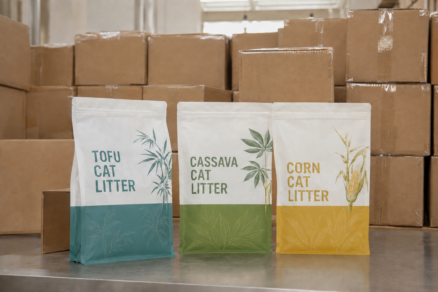 Differently colored unbranded tofu, cassava and corn litter bags with grouped shipping cartons