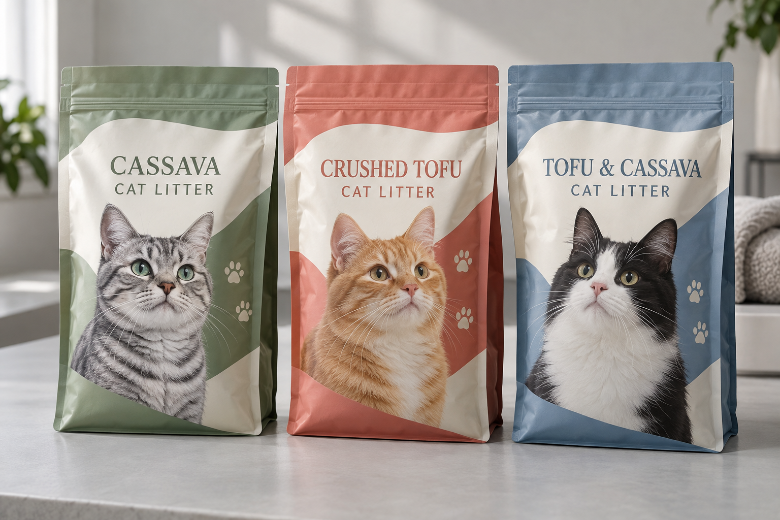 Three unbranded cat-illustrated packaging concepts labeled cassava, crushed tofu, and tofu with cassava cat litter