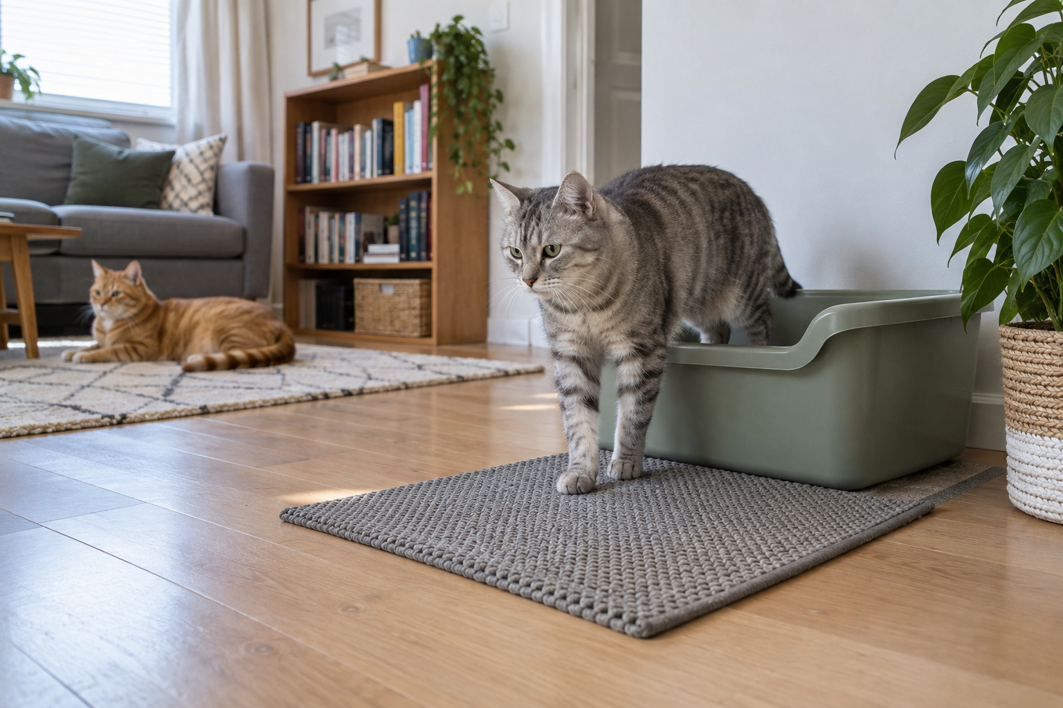 A tabby stepping out of an open litter tray while a second cat rests farther away on the floor