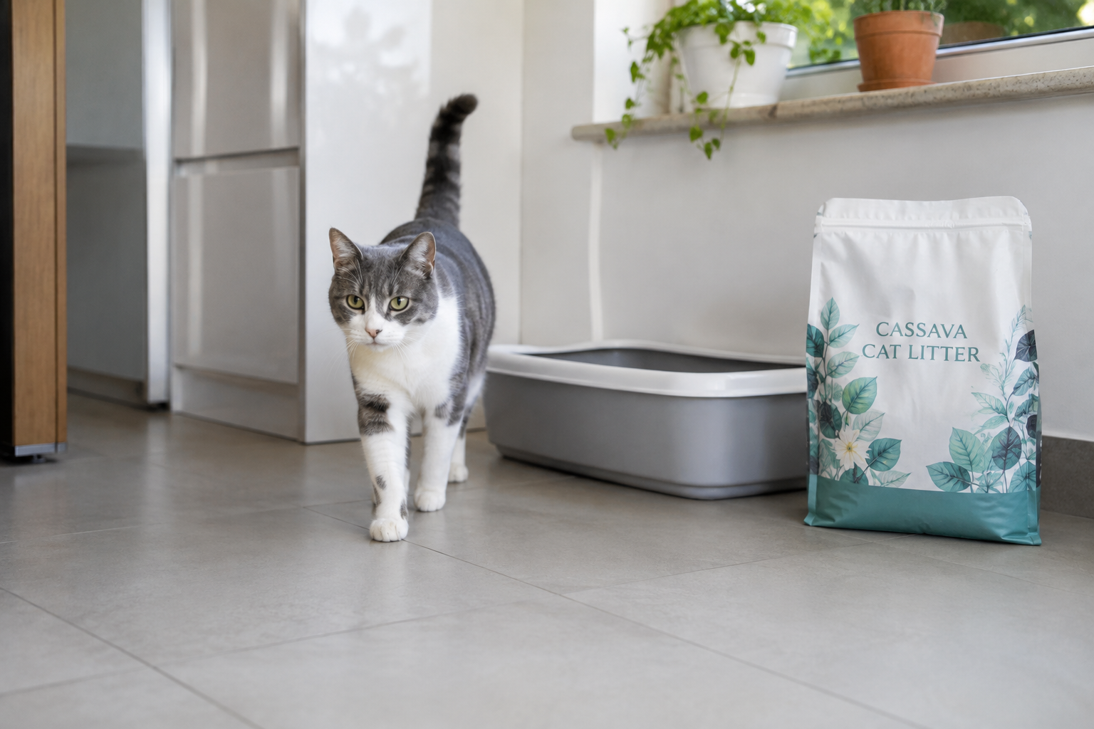 Cat walking on a clean tiled floor near a litter tray and an unbranded cassava litter bag