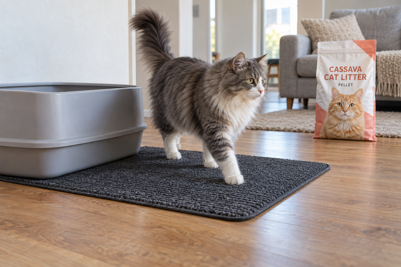 A long-haired cat walking on a litter mat beside an open tray and an unbranded pellet cassava packaging concept
