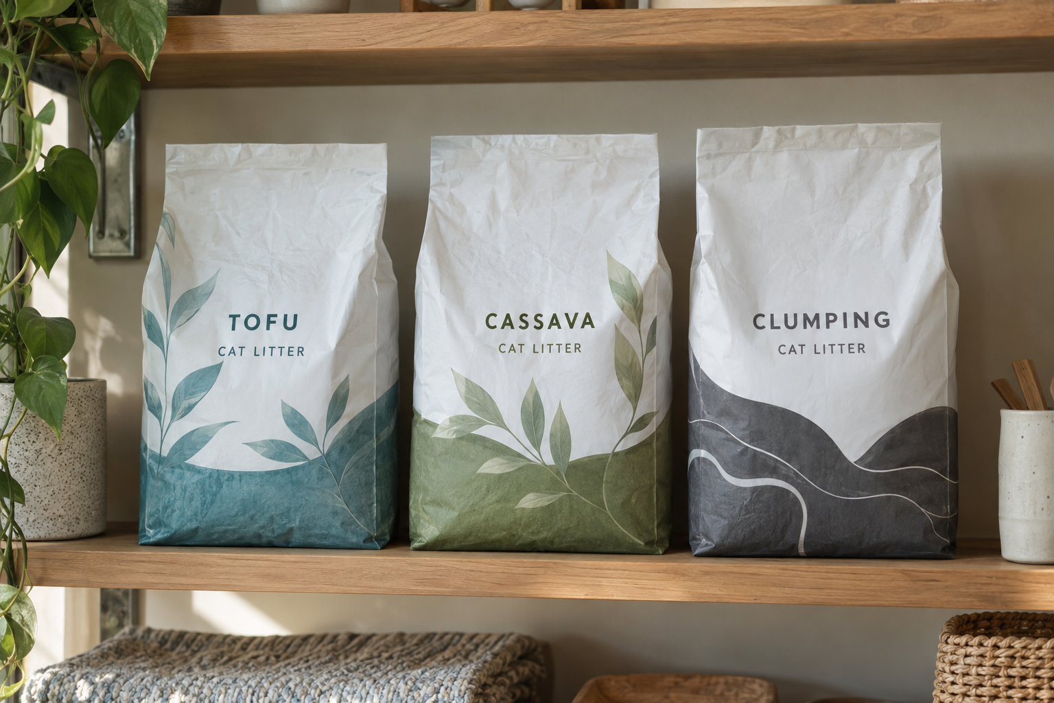 A focused display of three unbranded cat litter product types on a pet shop shelf